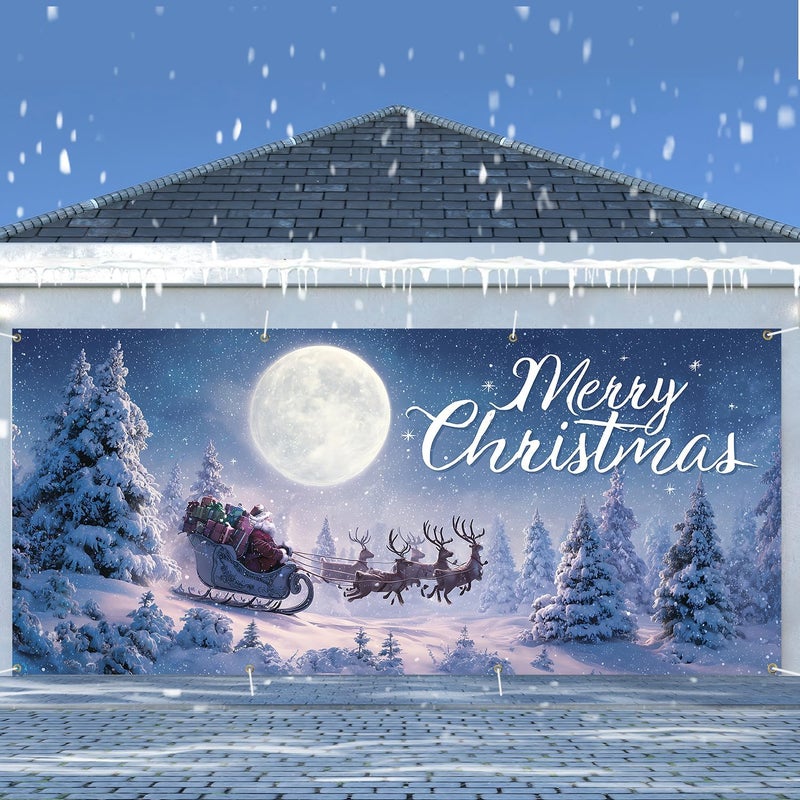ANNA QUEEN Merry Christmas Santa Sleigh Garage Door Decorations 6x13FT, Flying Reindeer Winter Forest Backdrop, Outdoor Holiday Banner, Garage door Mural for Xmas Party Home Decor - Image 2